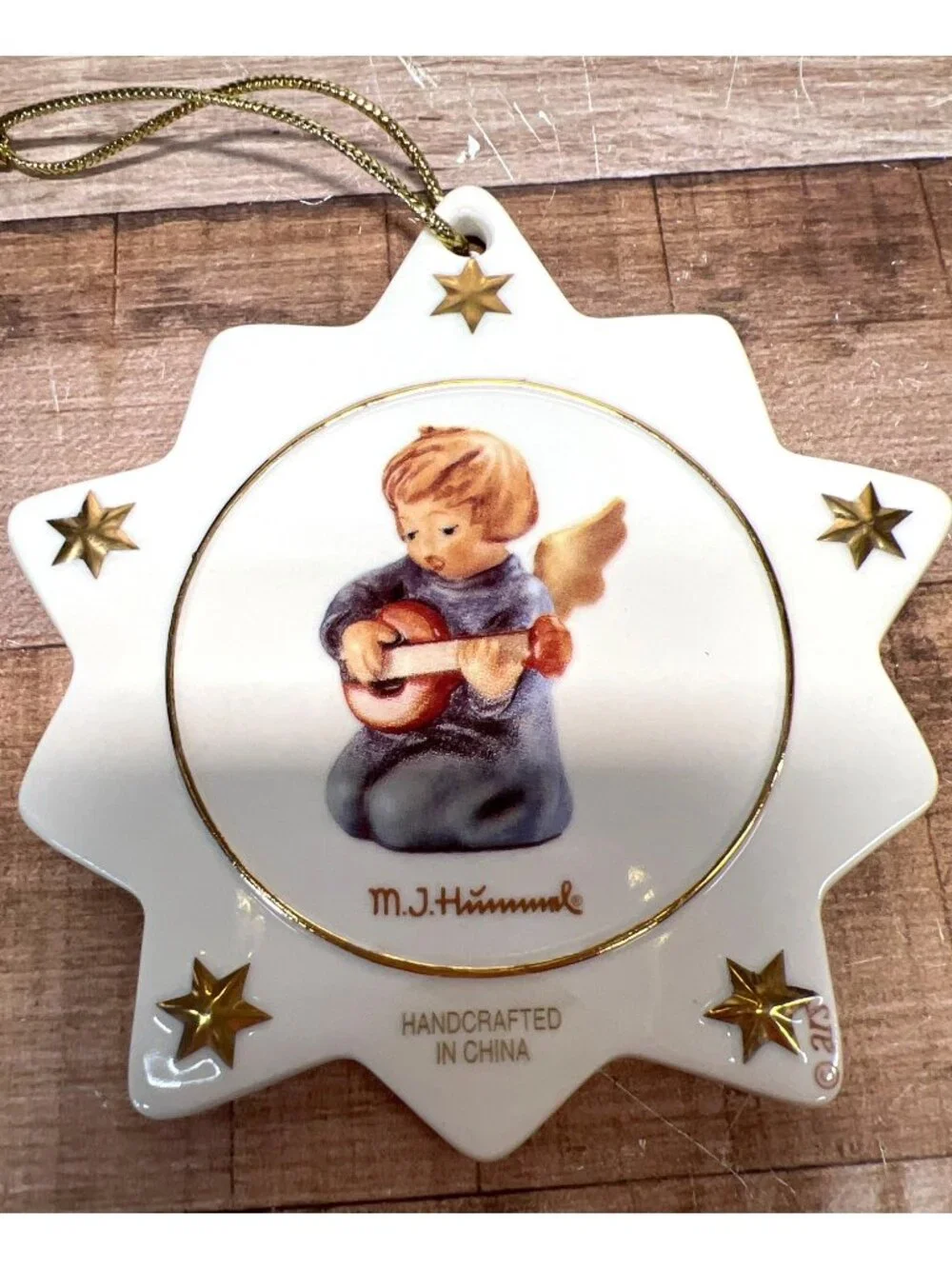 M.J. Hummel Porcelain Star Ornament With Angel Playing Mandolin & Gold Stars